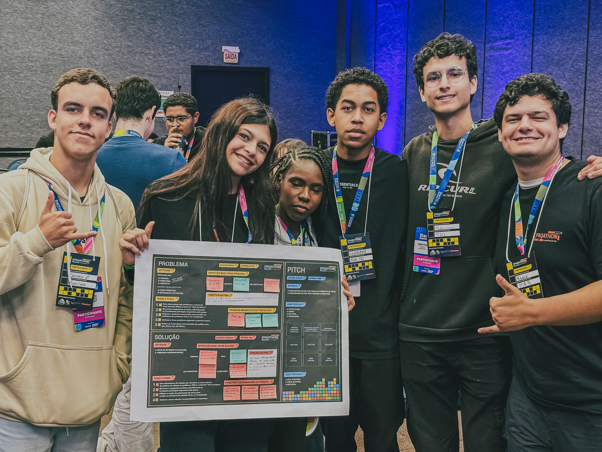 Um grupo de cerca de sete jovens está em círculo, examinando um painel grande com diagramas e textos. Eles estão em uma área de carpet, cercados por cadeiras de plateia. Um dos jovens aponta para o painel no chão.